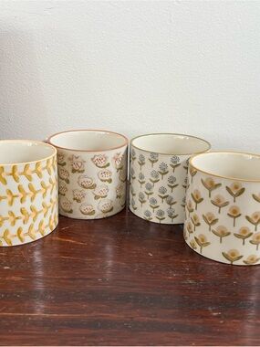 Sarah Golden PATTERNS hand stamped stoneware mugs set of 4 floral wide unique